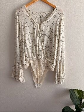 Intimately Free People Makin Waves Polka Dot Bell Sleeve Bodysuit Size small